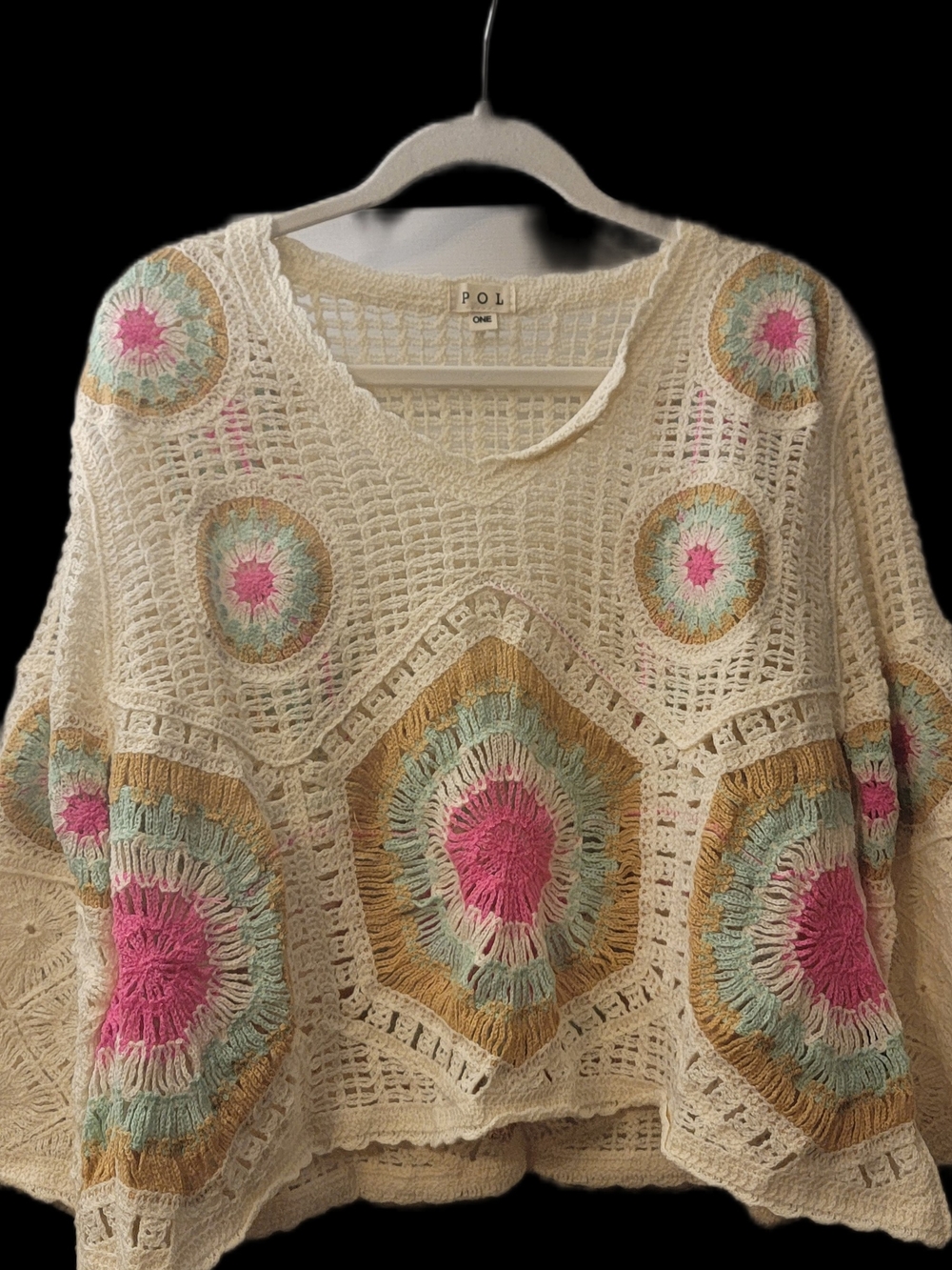 POL Cream Crochet Sweater with Pink and Mint Medallions - Picture 2 of 3
